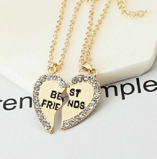 Gold Broken Heart Best Friend Rhinestone 2 Pcs Friendship Necklace Gift